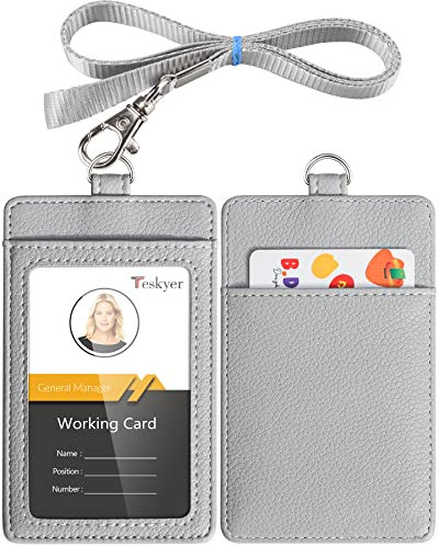 Teskyer Porte Badge, Porte Badge Tour de Cou, 2 Emplacements pour Cartes, en Cuir PU, avec Effacer la Fenêtre Longe en Nylon, Clair Gris