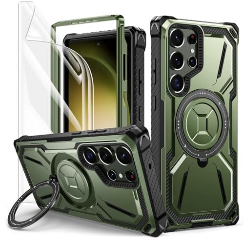 Lanhiem für Samsung Galaxy S23 Ultra Hülle mit Schutzfolie, 360 ° Ring Ständer Schutzhülle, Militärischer Stoßfest Handyhülle für Samsung S23 Ultra Case, Grün