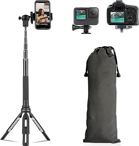 Acuvar Trípode para teléfono de 55 pulgadas, funciona como trípode, palo selfie y monopié de cámara para Go Pro, soporte de trípode para teléfono celular con cabezal giratorio de 360 grados, trípode