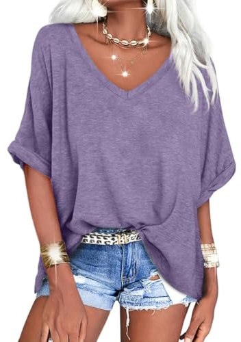 GeGekoko Damen T-Shirt Sommer Kurzarm V-Ausschnitt Oversized Oberteil Locker Frauen Casual Lose Tops Elegant Bluse,Violett(033),M