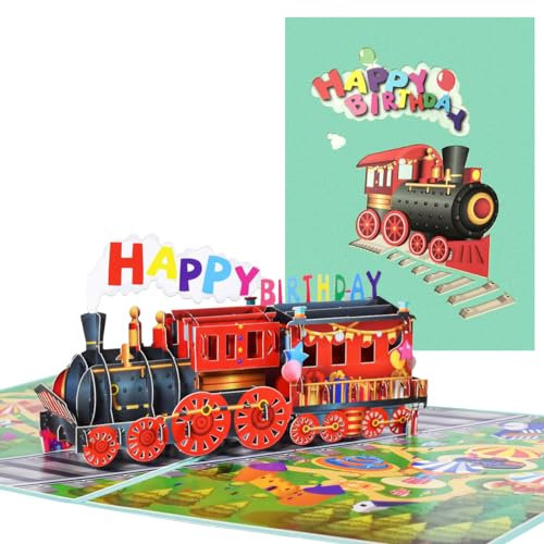 CNLITIHEKA Geburtstagskarten Pop Up Zug Geburtstagskarte Happy Birthday Pop Up Karte Lustige Zug Geburtstagsgeschenk 3D Popup Grußkarten für Sohn Tochter Jungen Mädchen Neffen Nichten Kinder Freunde