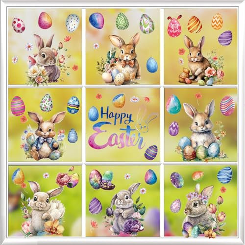 9 Feuilles Autocollants Pâques Fenêtre, Stickers Fenêtre de Paques, Fenêtre Stickers Paques Decoration, Décoration de Pâques Autocollants, Oeuf Lapin de Pâques Fenêtre Autocollants pour DIY Craft