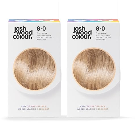 Josh Wood Permanent Hair Dye, 8.0 Dark Blonde, Ammonia-Free, 296ml 2-Pack | 100% grey coverage, vegan formula, shine complex for glossy hair, salon-created colour, easy root-to-tip application
