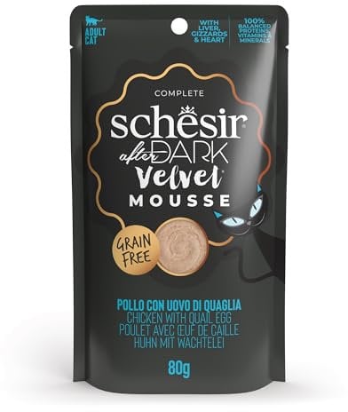 Schesir After Dark, Goût de Poulet aux œufs de caille Velvet Mousse, Nourriture Humide complète pour Chats Adultes (12 enveloppes de 80 g)