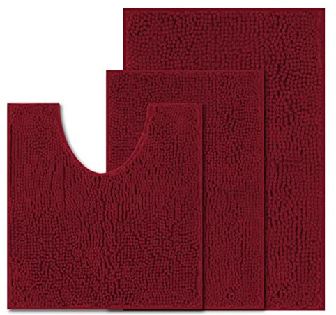wyewye Chenille Badezimmer Set 3 Stück, Badteppich rutschfest Waschbar, Bequem und Weich Badvorleger Badezimmerteppich für Duschen, Badewannen, Toiletten, Weinrot