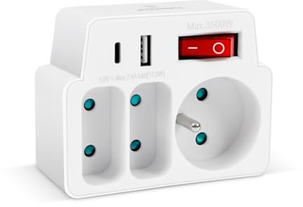 EXTRASTAR Multiprise Murale, Adapteur Fiche Multiprise Biplite avec Interrupteur pour façade, Aver 3 Prise Murale et Ports USB, Type C