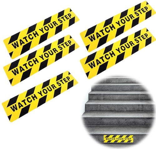 Vokowin 5PCS Watch Your Step Floor Tape Anti Slip Warning Sign Sticker Adhesive Non-Slip Decal, Premium Self-Adhesive Vinyl for Workplace Home Safety Wet Floor Caution 6 x 24 (K389-5)