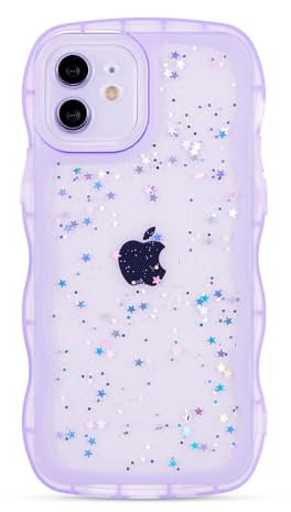 ZTOFERA Wavy Case for iPhone 12 (6.1), Cute Girls Clear Curly Wave Frame Shape Bling Sparkle Star Glitters Soft TPU Back Cover Protective Phone Case Lightweight Shockproof Bumper Cover, Purple