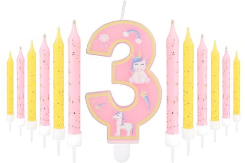 mciskin Pink 3rd Birthday Candle,Girl 3rd Birthday Decorations,Number 3 Candle for Cake,Party Candles,Pink Candles Yellow Cake Topper for Girls Birthday Party Decorations,Baby Showers Suppplies