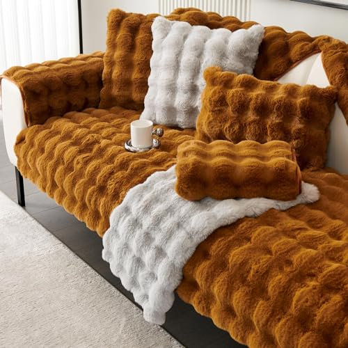 Bobomon Plüsch Sofa üBerzug Sofabezug 1 2 3 4 Sitzer Couch Bezüge L Form SofaüBerwurf Sofa Cover Auflagen Ecksofa Sofadecke aus Kunstpelz(Browne, 45x45cm)
