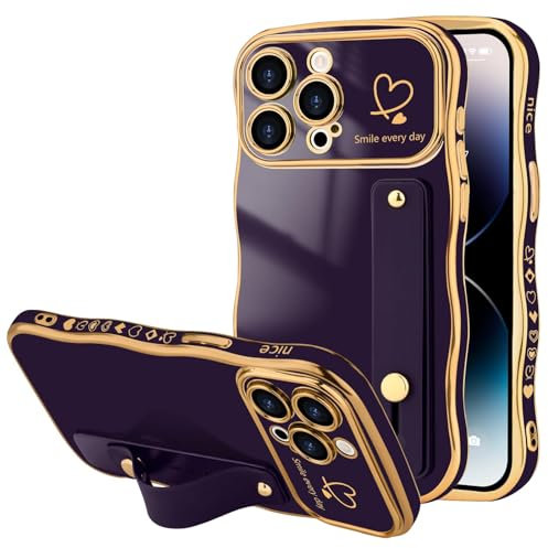 LLZ.COQUE for iPhone 14 Pro Case, Luxury Plating Love-Heart Wave Frame Shape Design, Adjustable Hand Strap Stand Cover, Shockproof Bumper Girls Women Phone Case for iPhone 14 Pro, Dark Purple