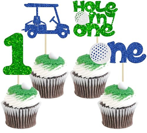 Ephlyn 24Pcs Golf Cupcake Toppers Blue Glitter One Golf Carts Cake Picks First Birthday Cupcake Toppers for Golf Sports Player Theme Baby Shower 1st Birthday Party Cake Decorations Supplies