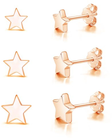 Cangall Silver Stud Earrings for Women, 3 Pairs 925 Sterling Silver Star Stud Earrings Set, Hypoallergenic Flat Dot Star Stud Earrings Rose Gold, 4/5 / 6mm Small Cartilage Sleeper Stud Earrings