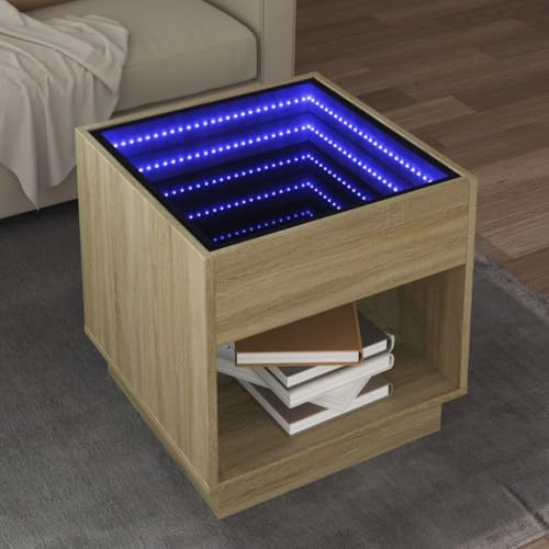 Myheimly Couchtisch, Beistelltisch mit Infinity-LED, Sofatisch Kaffeetisch für Wohnzimmer, Teetisch Wohnzimmertisch, Holzwerkstoff Glas Couchtisch Sonoma Eiche,50 x 50 x 50 cm