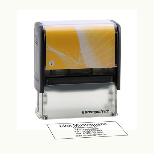 Personalisierter Stempel stempelfritz Gr.3 direkt hier Erstellen – selbstfärbender Firmenstempel, Adressstempel, Namensstempel oder Lehrerstempel – Gehäuse Schwarz-Gelb, 58x22mm, max. 6 Zeilen