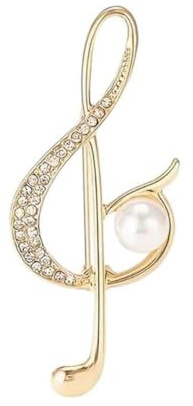 Brosche Schmuck Notenschlüssel Gold Perle und weißer Kristall Strass, 5,7 cm, Edelstahl