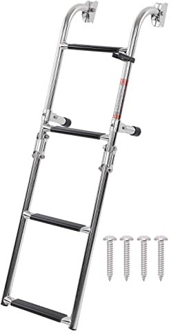 Vomeko 4 Step Pontoon Boat Ladder, Foldable Ladder Removable Adjustable Anti Slip 316 Stainless Steel Stern Mount,for Yacht Swimming Pool