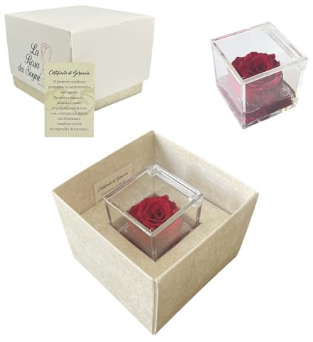 Tesori Nascosti Rosa Stabilizzata Profumata in Cubo Trasparente - Confezione Regalo Elegante con Certificato - Durata 5-7 Anni - Made in Italy - 5x5 cm - Rosa con Petali in Gel