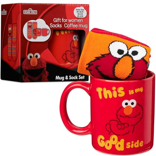 Get Trend Sesamstraße Elmo Tasse und Socken Damen Teens, 340ml/11.5oz Keramik Kaffeebecher, Weich Kuschelsocken 36–41 Größe, Kawaii Geschenke für Frauen (Multi Elmo)