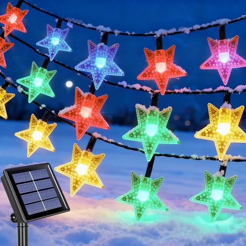 Qoosea Solar Lichterkette Aussen, 12M 100 LED Sterne Weihnachtsbeleuchtung mit 8 Modi & Timer, Wasserdicht Solar Sterne Lichterketten Weihnachtsdeko Aussen für Balkon Garten Dekoration-Bunt