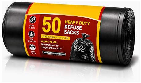 STL Bin Bags, Heavy Duty Recycling Bags Extra Strong Refuse Sacks,1420mmx840mm bin liner Leak Proof Rubbish Bags for Kitchen, Bathroom, Bedroom, Office & Home Waste (50 Pack)