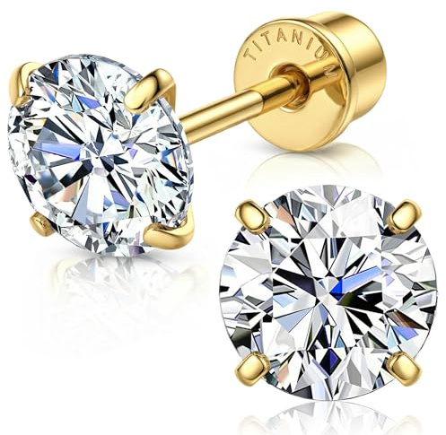 KALVICA G23 Medical Implant Grade Titanium Earrings Hypoallergenic 14K Gold Plated CZ Screw Back Pure Titanium Silver Stud Earrings Cartilage Tragus Helix Piercing Jewellery for Women Men 3/4/5MM