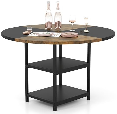 GIANTEX Esstisch Rund, Küchentisch φ 120 cm für 4-6 Personen, Esszimmertisch mit 2 Ablagen, Esszimmer Holztisch Industrial mit Metallrahmen, Dining Table, Runder Tisch für Küche Wohnzimmer Büro