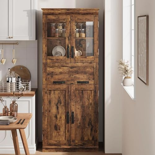 170 cm Küchenschrank aus holz mit 2 Holztüren und 2 Glastüren,Mehrzweckschrank et 4 Fächern,Vorratsschrank/Buffetschrank mit Hochziehschublade,Hochschrank Für Küche, Wohnzimmer, Badezimmer (Braun)