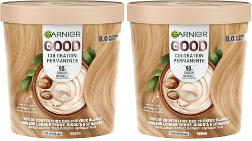 Garnier - Permanente Haarfarbe – ohne Ammoniak – 90% Inhaltsstoffe natürlichen Ursprungs – Sheabutter – 100% Abdeckung für weißes Haar – GOOD Honigblond 8.0 (Packung mit 2)