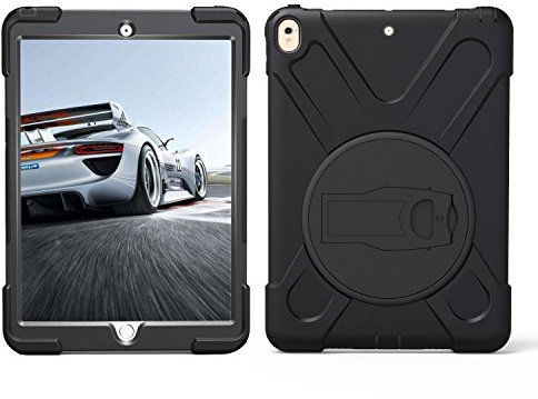 2017 26,7 cm iPad Pro Hülle, robustes Design, doppellagig, stoßfest, stoßfest, stoßfest, Hybrid-Armor Cover mit 360 Grad drehbarem Ständer + Griffgurt + eingebautem Displayschutz (schwarz)