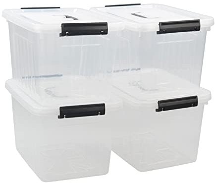 Ikando 4 Packs 13 Litre Plastic Storage Box with Lid and Handle, Medium Stacking Storage Container Bin, Clear