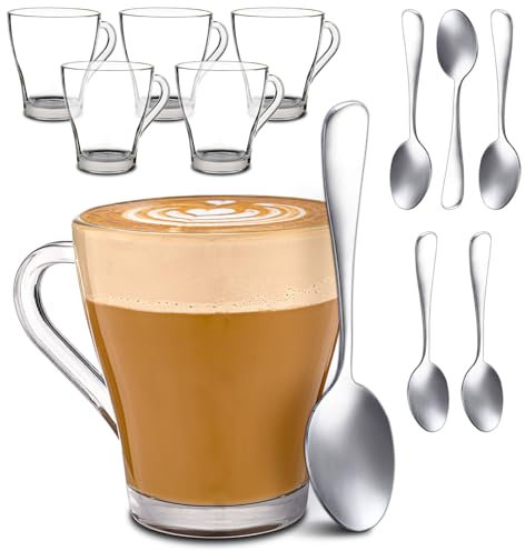 Cosumy 6 Cappuccino Gläser mit Henkel und Löffel - 250ml - Hält lange warm - Ideale Größe für Kaffeevollautomaten - Spülmaschinenfest