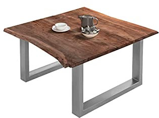 SAM Couchtisch 80 x 80 cm Billy, echte Baumkante, Akazienholz nussbaumfarben, massiver Sofatisch, U-Metallgestell Silber