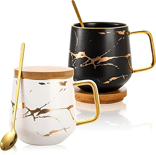 Taza clásica de cerámica estilo Kintsugi para café y té con incrustaciones doradas, cuchara y tapa de bambú, 340.2 g, juego de 2, tazas grandes, diseño único, regalo novedoso perfecto, apto para