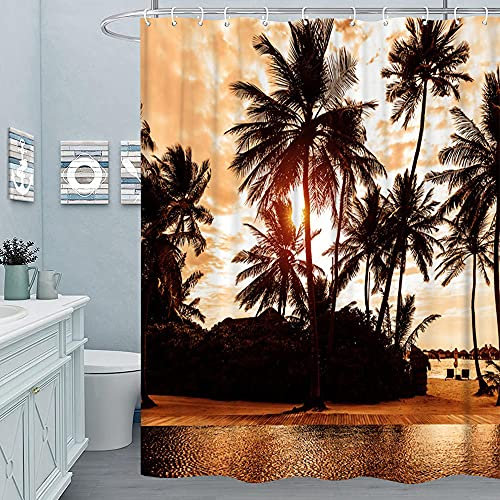 M&W DAS DESIGN Duschvorhang Palme Küste Textil Vorhang Schimmelresistent Relax Insel Meer Himmel tropischer Sonnenuntergang Strand Farbfest inkl. 12 C-Ringe Gewicht unten