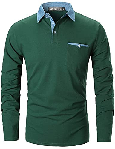 LIUPMWE Mens Casual Long Sleeve Polo Shirts with Pocket Cotton Denim Collar Golf Tops,Green-YT01,XXL