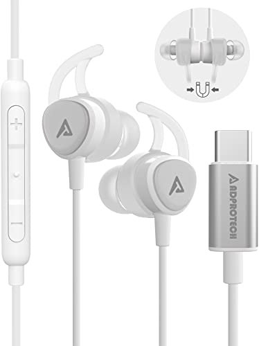 ADPROTECH USB C Headphones, Type C Earbuds Magnetic Wired Earphones with Microphone and Volume Control Compatible with Google Pixel Xiaomi Samsung Oneplus Sony MacBook White