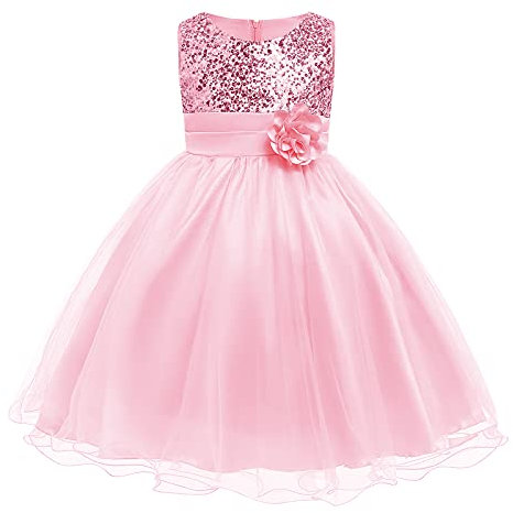 Kinder Mädchen Ärmellos Glitzer Pailletten Blumen Tütü Tüllkleid Prinzessin Kleid Blumenmädchenkleider Festliche Hochzeit Erstkommunion Taufkleid Party Einschulungs Sommerkleider Rosa 9-10 Jahre