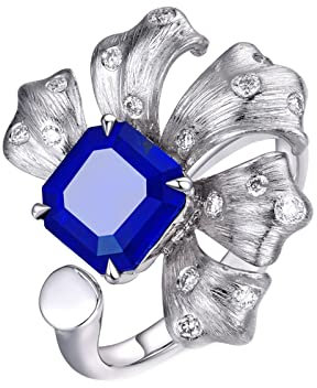 Daesar Hochzeitsringe Weißgold 750, Verlobungsring Damen Blütenblatt mit 2.3ct Saphir Weißgold Ringe mit Diamant Größe 47 (15.0)