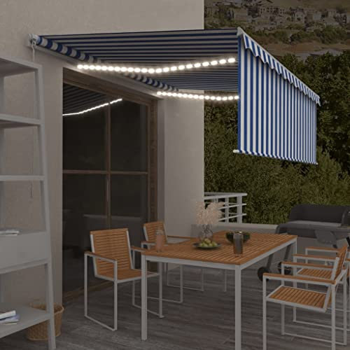 Aluminium Einziehbar Markise mit Jalousie & LED, Sonnenschutz Handbetrieben Kassettenmarkise Gelenkarmmarkise Markisenabdeckung Klemmmarkise Balkonmarkise, 4x3 m Blau & Weiß