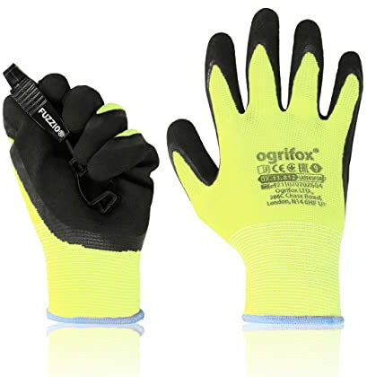 FUZZIO 12 Paar Arbeitshandschuhe Herren Gr 8, Mechaniker Handschuhe neongelbe, Gartenhandschuhe Herren, Arbeitshandschuhe Damen, Montagehandschuhe Herren, Schrumpf Latex Beschichtung Handschuhclip