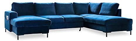 MIUFORM Ecksofa U Form mit Schlaffunktion und Bettkasten | Lofty Lilly | Wohnladschaft Couch Schlafcouch Wohnzimmer Gästezimmer | Samt Metallfüße (Navy Blau, Rechts ausgerichtet)