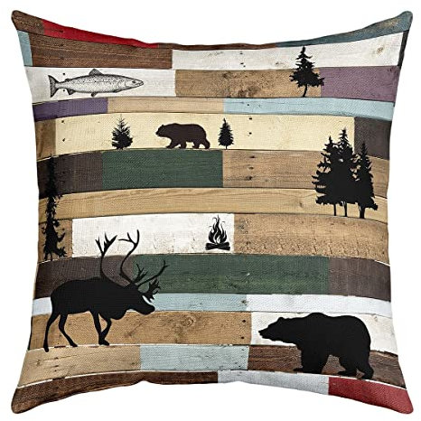 Hirsche Kissenbezug Bär Wurf Kissenbezug Weihnachten Thema Kissenbezug für Wohnzimmer Schlafzimmer Dekor Holz Stil Fisch Tannenbaum Camping Retro dekorative quadratische Kissenbezug 40x40cm