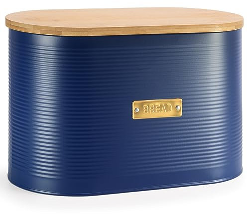 EHC Space Saving Extra Large Bread Box Bin With Wooden Lid, For Kitchen Countertop Bread Storage, Navy Blue, 8 L, 34 x 19.5 x 20.5 cm