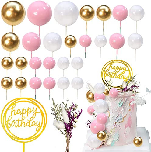 29Stück Tortendeko Hochzeit goldene Kugeln, Cupcake Topper,Happy Birthday Cake topper mit getrocknete Blumen, DIY Kuchen Topper für Geburtstag Hochzeit Babyparty (Pink White Gold)