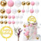 29Stück Tortendeko Hochzeit goldene Kugeln, Cupcake Topper,Happy Birthday Cake topper mit getrocknete Blumen, DIY Kuchen Topper für Geburtstag Hochzeit Babyparty (Pink White Gold)
