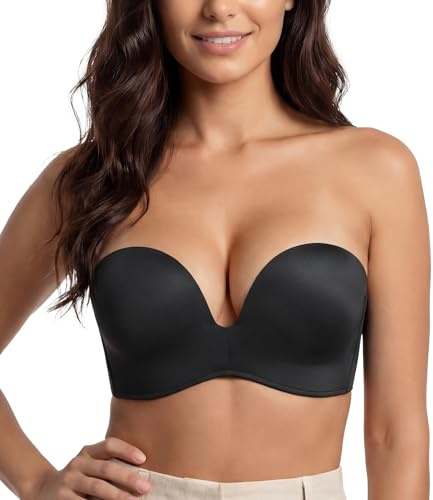 Lemorosy Soutien-Gorge Femmes sans Bretelles Rembourré Push up | Design d'ailes rembourré Antidérapant en silicone Décolleté en V profond Adapté aux robes décolletées et sans bretelles.