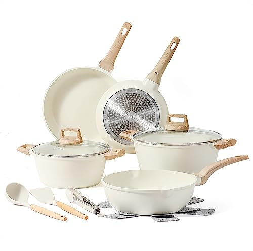 CAROTE Bateria de Cocina 12 Piezas, Sartenes Antiadherentes 24cm/28cm, Ollas Cocina 4L/6,3L, Wok 28 cm, Juego de Sartenes Induccion con Tapas, Espátula, Cuchara, Pinzas, Protector