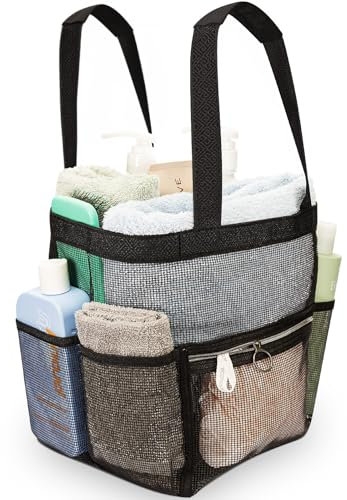 DV Lifestyle Organizador de ducha de malla para dormitorio, 7 bolsillos y 1 con cremallera, bolsa de baño con asas acolchadas, bolsa de baño portátil de viaje, artículos esenciales para la habitación