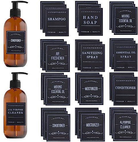 CRASPIRE 36pcs Waterproof Bottle Label Stickers Black Removable Bathroom PVC Adhesive Sorting Storage Rectangle with Word Shampoo Dispenser for Kitchen